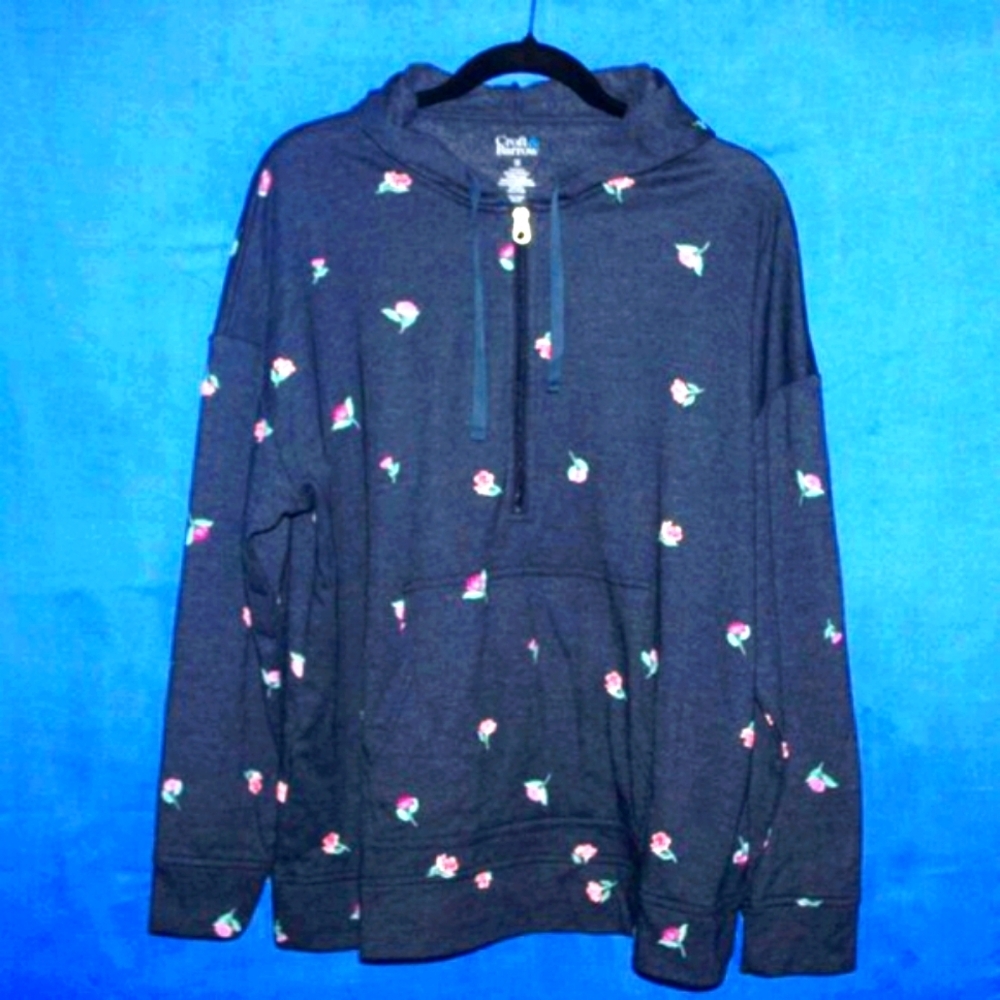 Croft & Barrow Floral Quarter Zip Hoodie Gray Women's Plus 1x